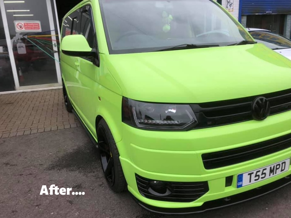 Front view of VW Van Transformed from Yellow to Lime Green at AWL