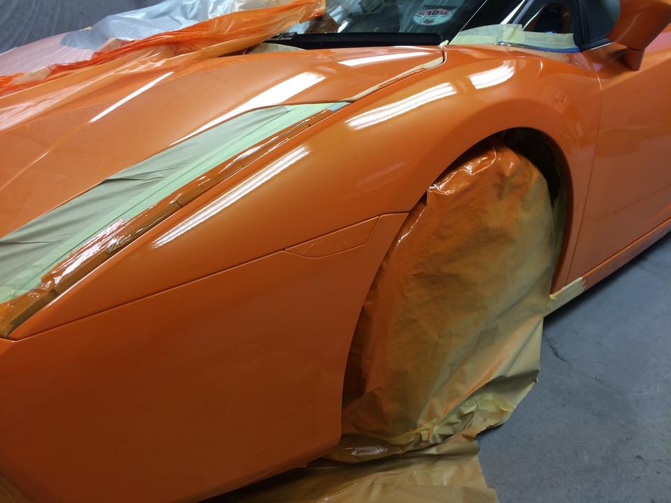 Gold Lamborghini Respray front wing, wheels taped Scratch repair Swansea