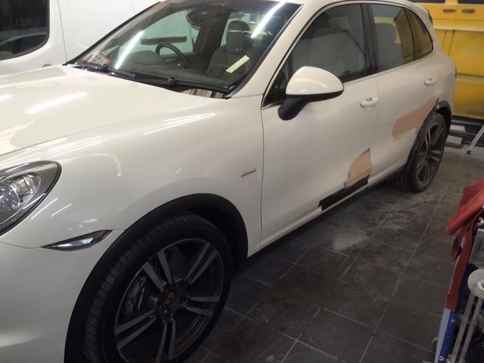 Prepped White Porsche Cayenne ready for respray at AWL Car Body Repairs Swansea