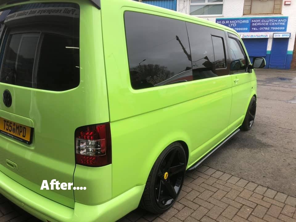 Rear view of VW Lime Green Van total transformation complete by AWL