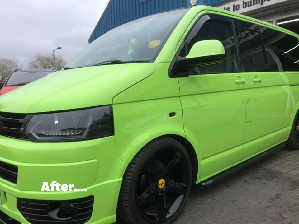 Side view of VW Lime Green Van total transformation complete by AWL