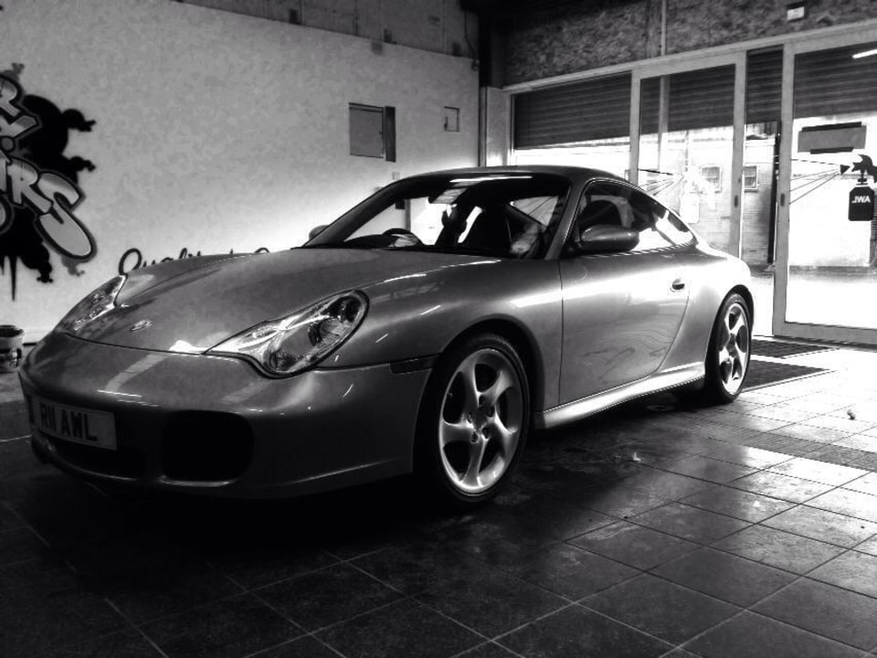 Silver Porsche 911 Black and White Image at AWL Car Body Repairs Swansea