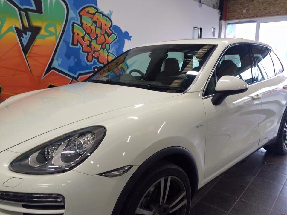 White Porsche Cayenne finished paint work AWL Car Body Repairs Swansea