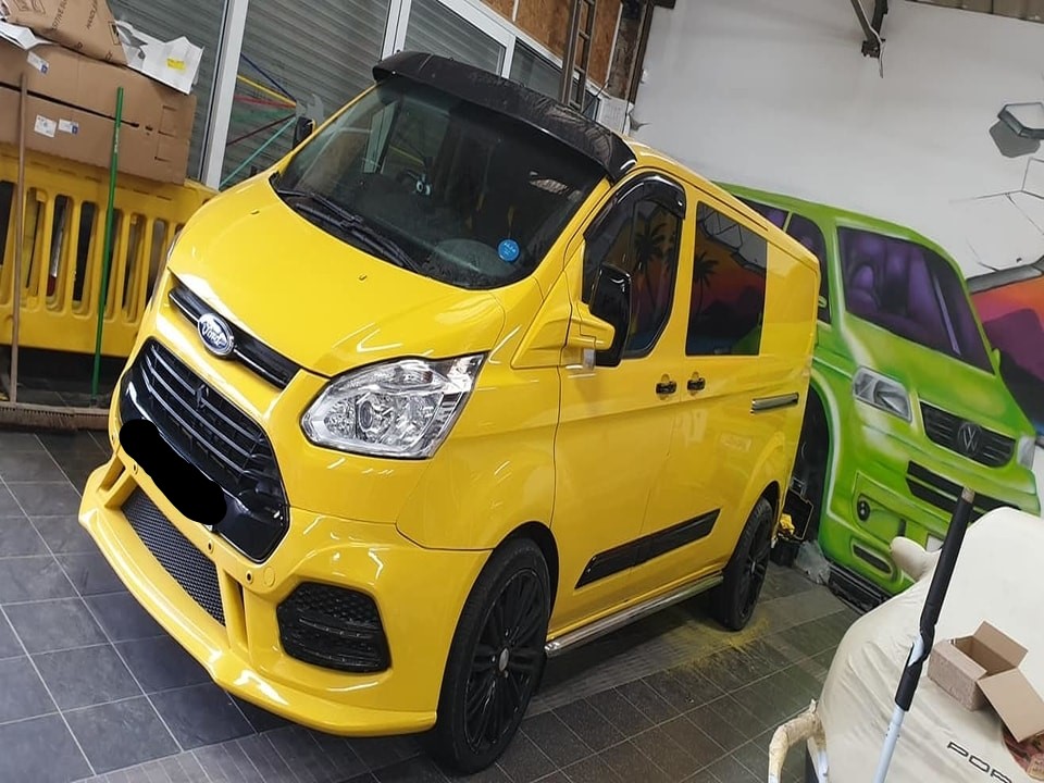 Yellow Ford Transit Van, total kit refit, respray AWL Car Body Repairs Swansea