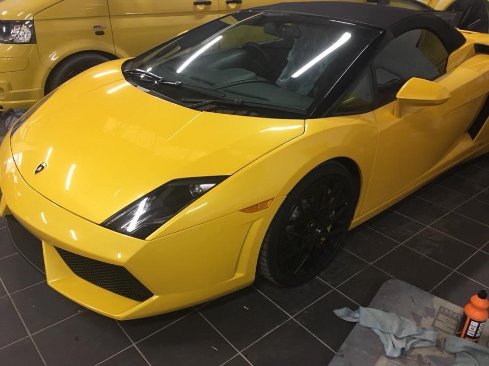 Yellow Lamborghini bonnet and front wing respray at AWL Car Body Repairs Swansea