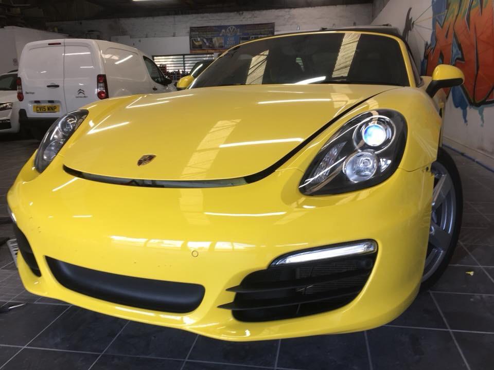 ellow Porsche Frontal View Bumper and Grill Car Spraying Swansea AWL