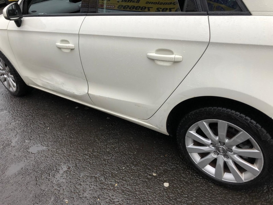 white Audi damaged and dented passenger door AWL Car Body Repairs Swansea